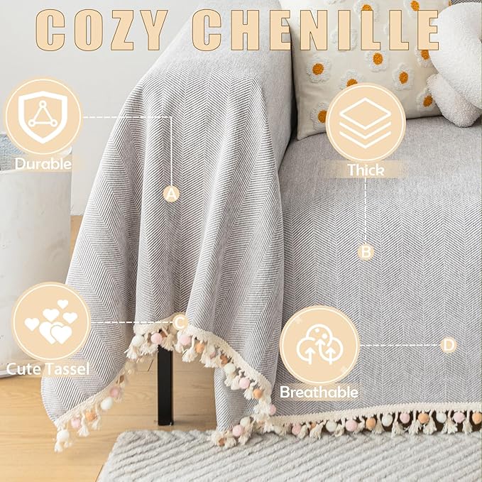 HANDONTIME Grey Sofa Cover for Couch Boho Couch Cover for 3 Seat Couches Dog Couch Cover Love Seat Couch Covers Light Grey Sectional Cover 91" X134" Tassel Chenille Herringbone Sofa Covers