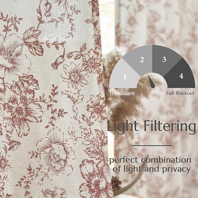 jinchan Linen Blend Curtain Floral Curtains for Living Room 108 Inch Length Farmhouse Brick Red Printed Curtain Rod Pocket Back Tab Peony Flower Patterned Drapes Curtains Set 2 Panels