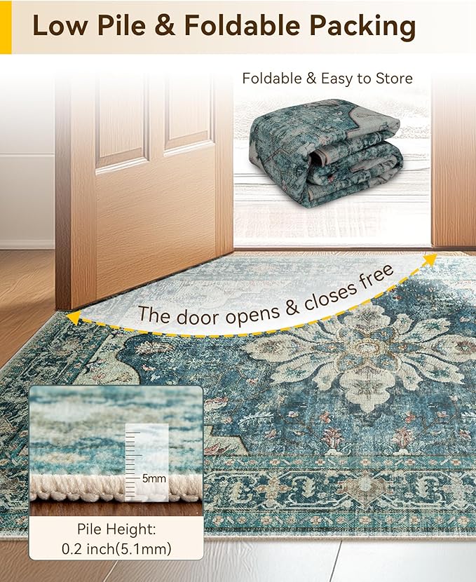 Area Rugs 3'x8' Runner Rug Non Slip Washable for Kitchen Hallway Bedroom Beside Laundry Room Bathroom Rug, Floor Carpet, Dark Blue Vintage
