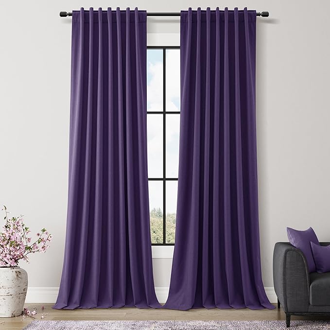 Guken 100% Blackout Curtains 120 Inch Length 2 Panels Set for Living Room Bedroom Back Tab Thermal Insulated Black Out Linen Drapes Room Darkening New Purple,52x120
