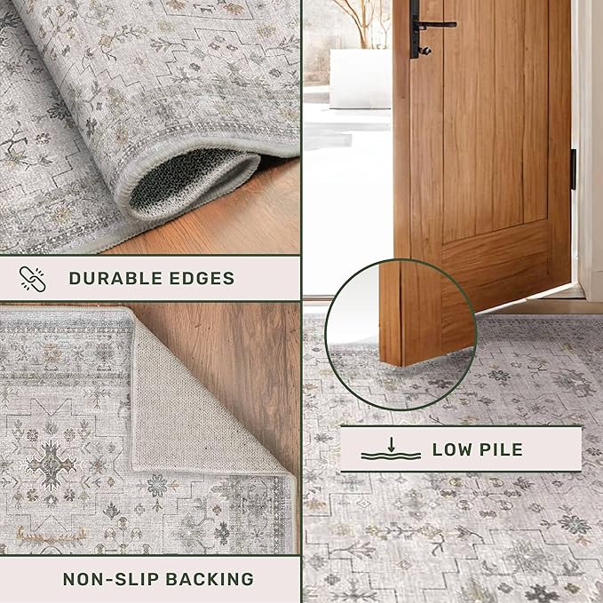 Hazo Haus Light Gray Kitchen Rug 12 ft Long - Modern Boho Eclectic Floral Geometric Decor, Washable Low Pile Non-Slip Extra Long Wide Runner Rugs for Hallway, 3x12