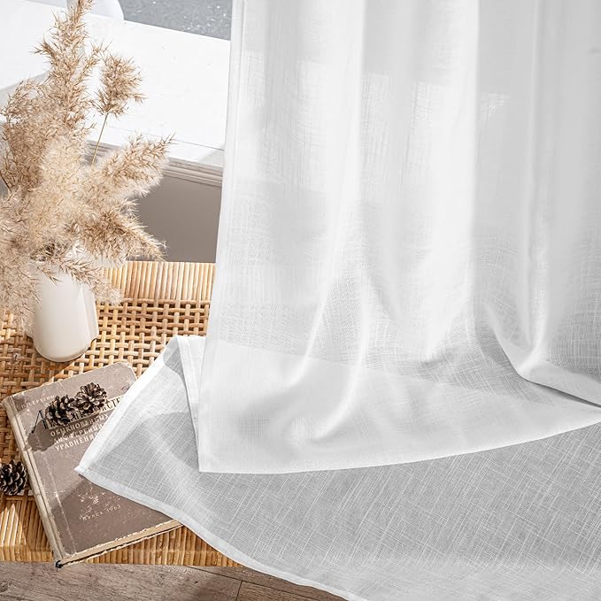 MIULEE White Linen Curtains Short 48 Inch Long 2 Panels for Kitchen Bedroom, Soft Thick Linen Textured Window Drapes Semi Sheer Light Filtering Back Tab Rod Pocket Burlap Look Decor