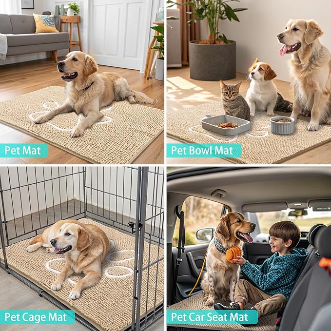 Smiry Dog Door Mat for Muddy Paws, Absorbent Dirt Trapper Non Slip Quick Dry Washable Chenille Mat for Mud Dogs, Entry Rug for Indoor and Outdoor (59x20 Inches, Beige and White)