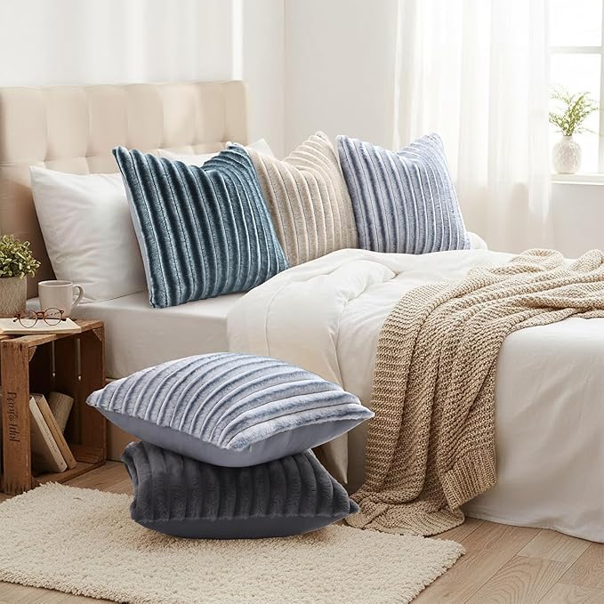 decorUhome Cozy Faux Fur Throw Pillow Covers 18x18 Set of 2 Decorative Soft Plush Striped Modern Farmhouse Boho Couch Pillow Cases with Velvet Back for Sofa Bed Living Room, Dark Grey