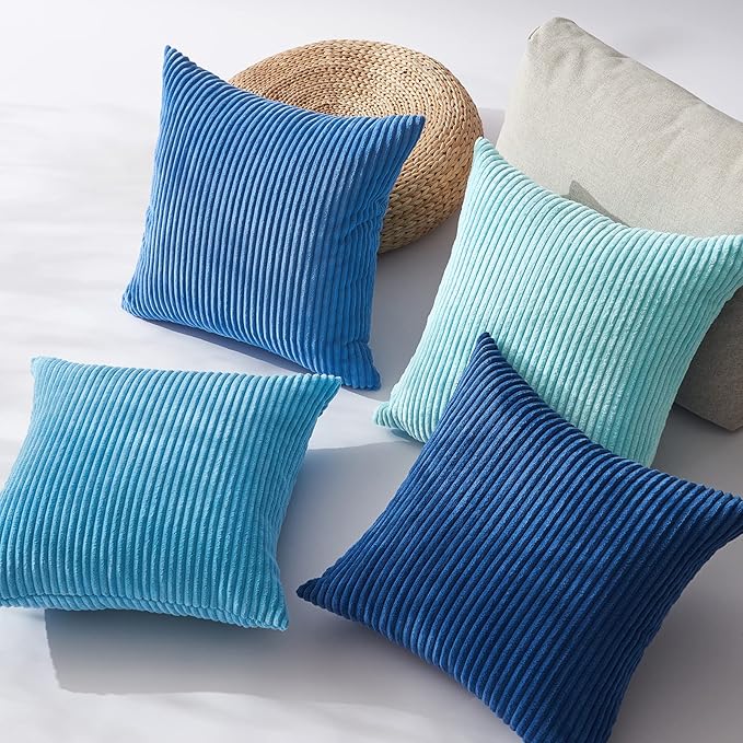 Topfinel Euro Shams Decorative Throw Pillow Covers 26x26 Inch Set of 4,Soft Accent Corduroy Striped Blue Gradient Color Large Cushion Cover for Beach,Patio,Balcony,Living Room,Summer Home Decor