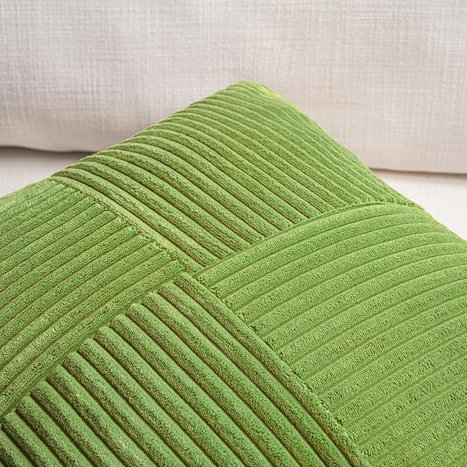 Fancy Homi Set of 2 Lime Green Long Lumbar Decorative Throw Pillow Covers 12x24 Inch for Couch Bed Sofa, Modern Farmhouse Boho Home Decor, Soft Striped Corduroy Rectangle Accent Cushion Case 30x60 cm