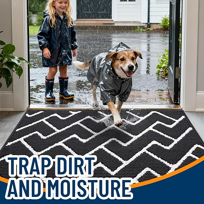 OLANLY Front Door Mat, Non-Slip Rubber Backing, Dirt Resistant and Absorbent, Washable, Easy to Clean Low-Profile Indoor Doormat for Back Door, Entryway, Inside Entrance, 48x32, Deep Black