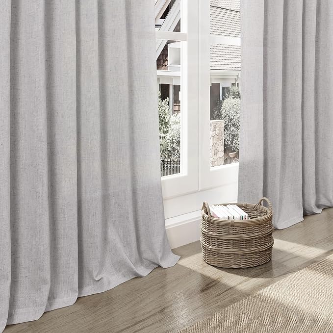 Grey Linen Curtains 108 Inches Long 2 Panels Set for Living Room Extra Long Back Tab Curtains Neutral Farmhouse Light Filtering Semi Sheer Linen Drapes Ceiling to Floor for Large Window 9 FT