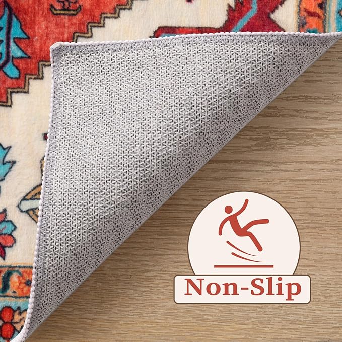 SERISSA Washable Rugs 9x12 Area Rugs, Large Non-Slip Boho Living Room Rug, Ultra Soft Vintage Orange Print Distressed Oriental Farmhouse Carpet for Dining Room Bedroom Dorm Office Home Decor