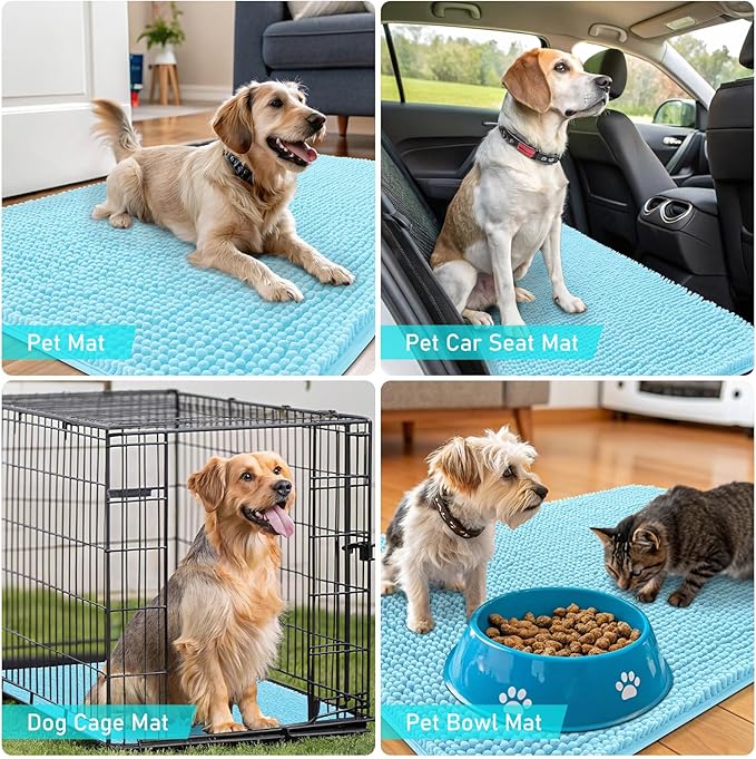 OLANLY Dog Door Mat for Muddy Paws 70x24, Absorbs Moisture and Dirt, Absorbent Non-Slip Washable Doormat, Quick Dry Chenille Mud Mat for Dogs, Entry Indoor Entryway Carpet for Inside Floor, Blue