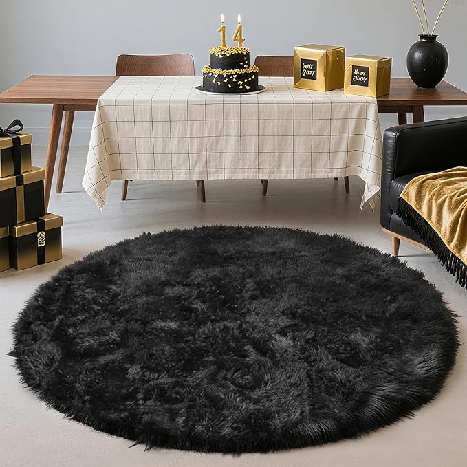 yulidayang Black Fluffy Round Area Rugs for Bedroom,4Ft Shag Circle Area Rugs for Living Room,Non Slip Fuzzy Plush Rug for Kids Boys Girls Room and Dorm Home Decor Rug