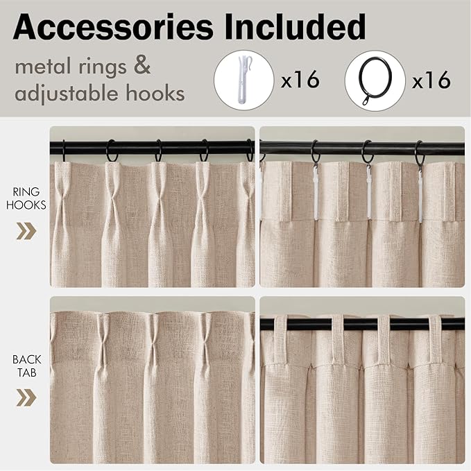 MIULEE Pinch Pleated Thick Linen Curtains 102 Inches Long 2 Panels for Living Room Bedroom, Linen Textured Drapes Pleat Back Tab Memory Trained Light Filtering Sand Beige Window Curtains with Hooks