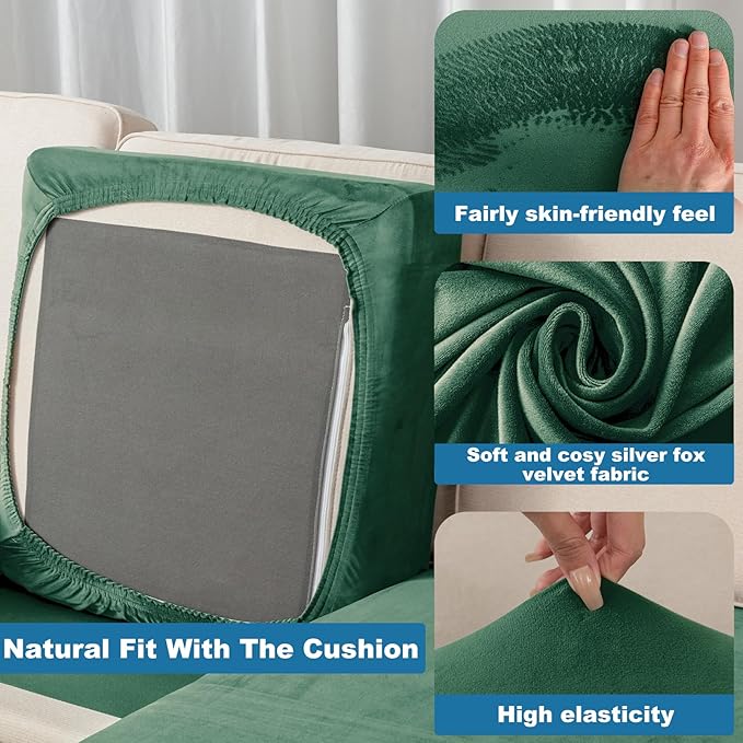 Couch Cover 4-Piece Elastic Velvet Couch Cushion Covers & Chaise Slipcovers for L-Shaped Sofas, Sofa Seat Covers Washable, Soft Cover for Couches (3 Seater + Chaise, Christmas Green)