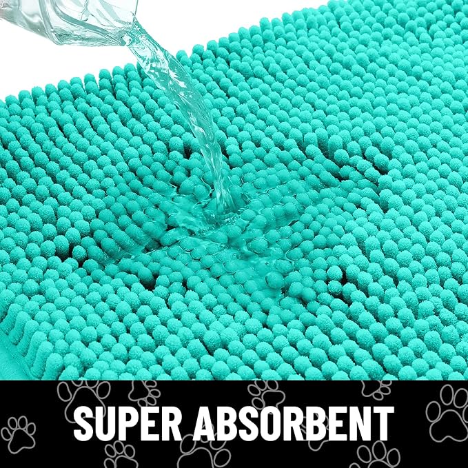 Smiry Dog Door Mat for Muddy Paws, Absorbent Dirt Trapper Non Slip Quick Dry Washable Chenille Mat for Mud Dogs, Entry Rug for Indoor and Outdoor (30x20 Inches, Turquoise and White)