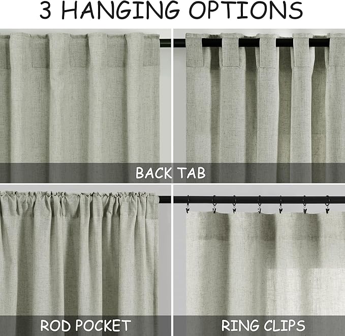 Sage Green Linen Textured 96 Inch Curtains 2 Panel Set Back Tab Rod Pocket Sheer Pleated Boho Room Decor Aesthetic Curtains Pale Green Burlap Look Curtain Drapes for Living Room Bedroom 8Ft 40x96