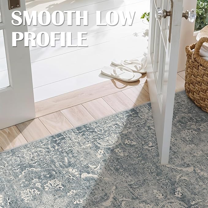 4x12 Washable Hallway Runner Rug - Wide Kitchen Runners Vintage Low Pile Carpet Soft Thin Floor Runner with Rubber Backing for Entryway Bedroom Living Room Home Decor (Blue)