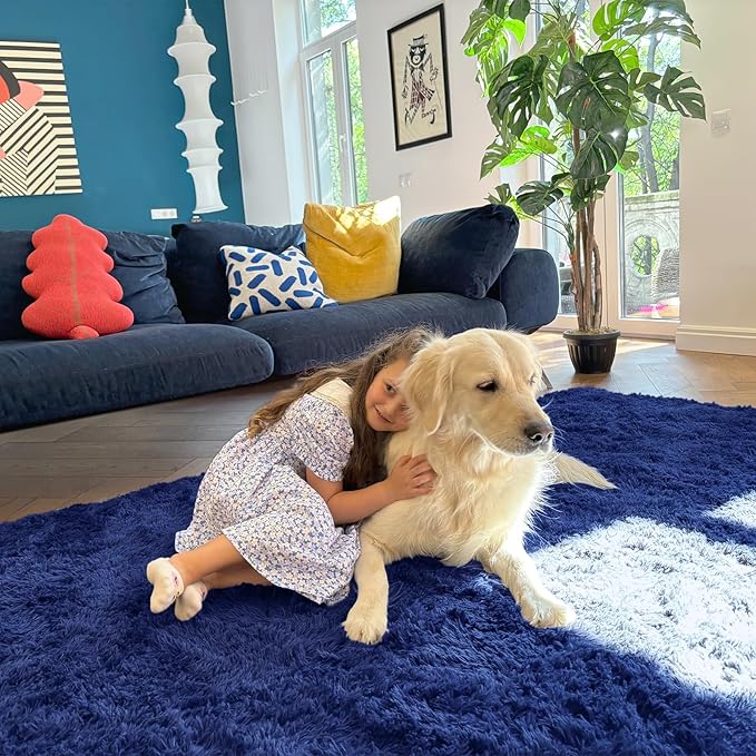 OLANLY 8x12 Machine Washable Large Area Rugs for Living Room, Bedroom, Soft Fluffy Shaggy Bedside Rug, Indoor Floor Carpet for Kids Girls and Boys, Dorms, Nursery, Home Decor Aesthetic, Navy Blue