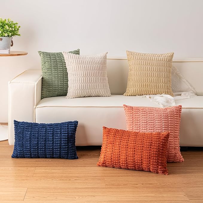 Pack of 2 Corduroy Decorative Throw Pillow Covers 18x18 Inch Soft Striped Pillow Covers Modern Farmhouse Home Decor for Sofa Living Room Couch Bed（Peach Red）