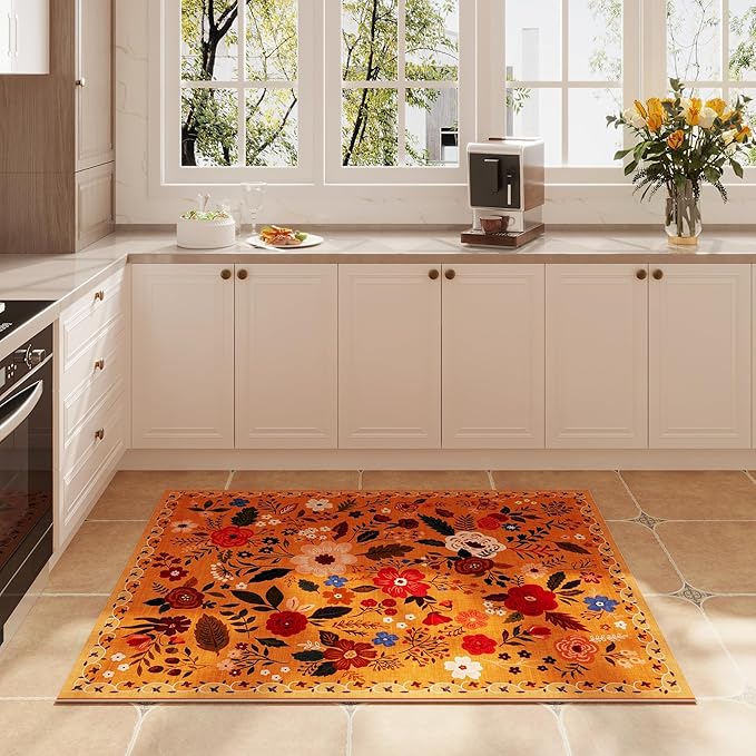 Rugcomf Door Mat Indoor Entrance 2x3 Rug Machine Washable Boho Floral Small Area Rug Non-Slip Low Pile Throw Rugs for Entryway, Kitchen, Front Door Indoor Entrance, Entry, Kids Room (Yellow)