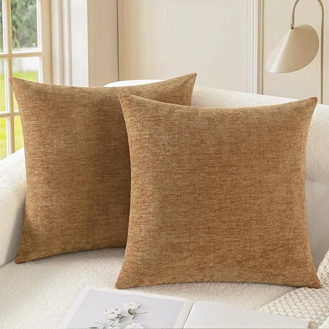 CaliTime Throw Pillow Covers Decorative 22 X 22 Inches Pack of 2 Cozy Chenille Cushion Cases for Couch Sofa Bed Living Room Home Apricot Brown