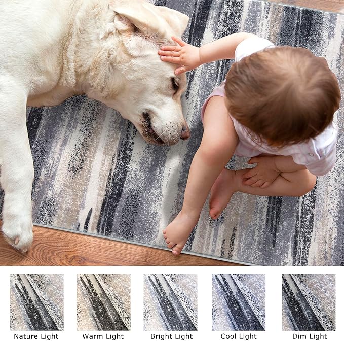 Lansny Modern Abstract 6x9 Machine Washable Living Room Rug Non-Slip Soft Bedroom Area Rug Grey Black Multi Ultra Thin Print Faux Wool Floor Carpet Throw Rugs for Nursery Playroom Dining Room Indoor