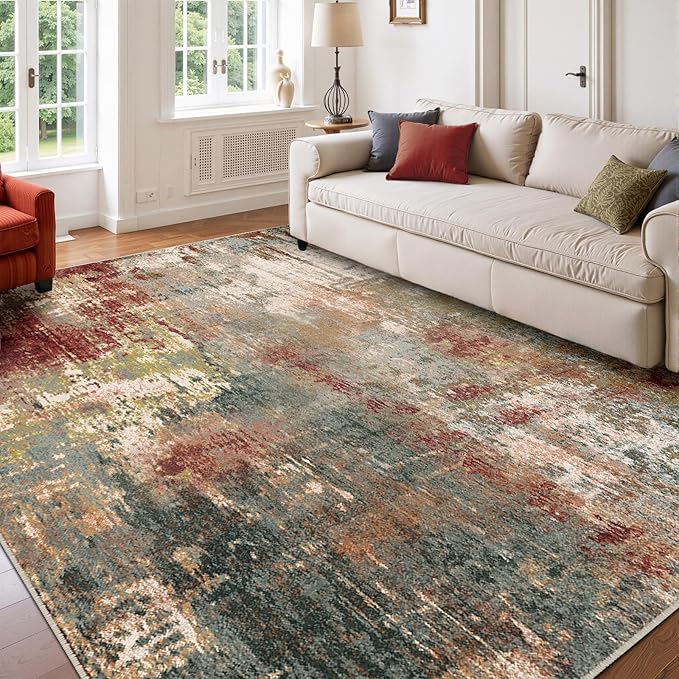 Washable Area Rugs 9'x12' Non-Slip Modern Abstract Soft for Living Room Entryway Bedroom Nursery, Print Pattern, Brown Rust Red Green Blue Multi