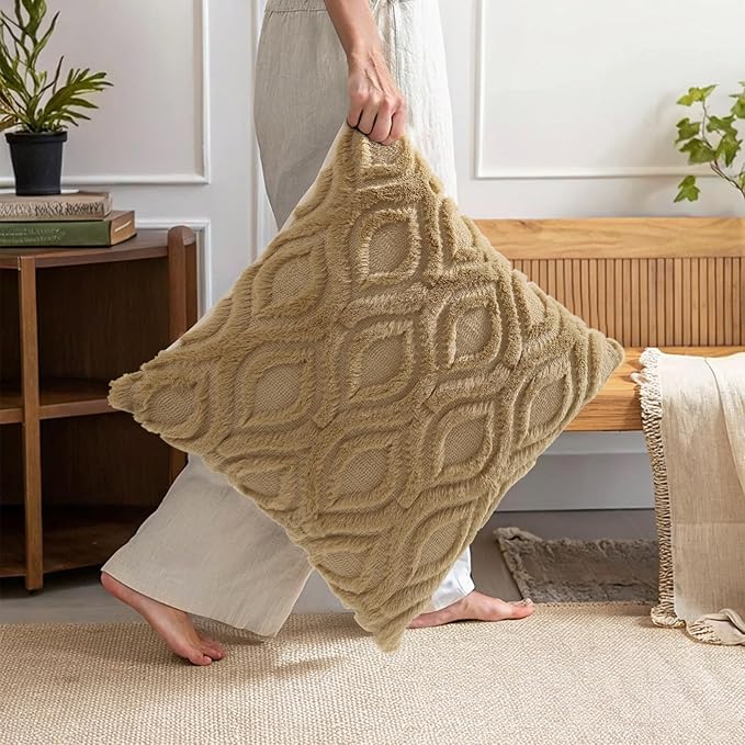 decorUhome Throw Pillow Covers 16x16 Inch Set of 2, Soft Plush Faux Wool Khaki Solid Couch Pillow Covers, Accent Farmhouse Neutral Square Pillow Cases for Sofa Bed Living Room