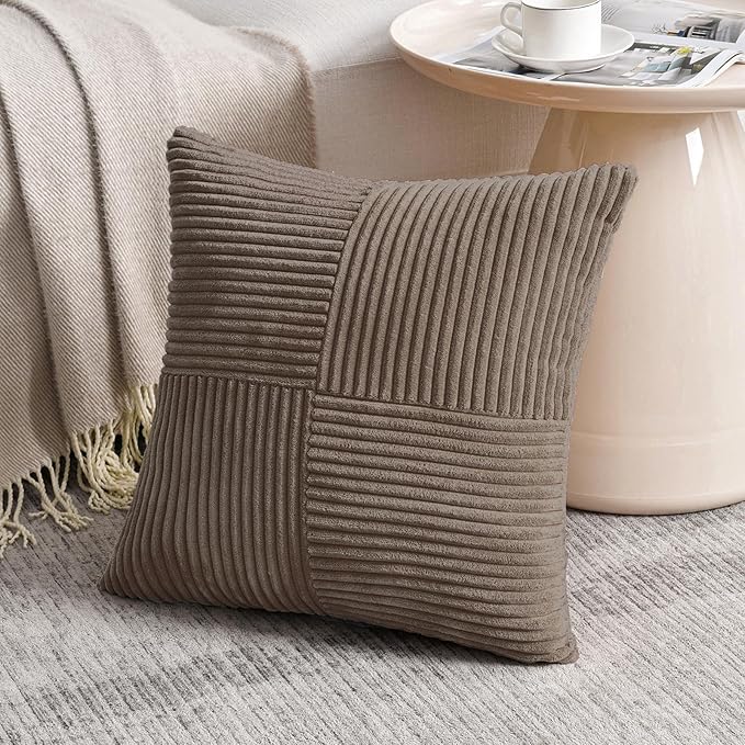 Fancy Homi Set of 2, Light Brown Patchwork Corduroy Decorative Soft Striped Modern Accent Cushion Case Farmhouse Boho Neutral Throw Pillow Covers for Chair Couch Bed Sofa Living Room 12x12 Inch