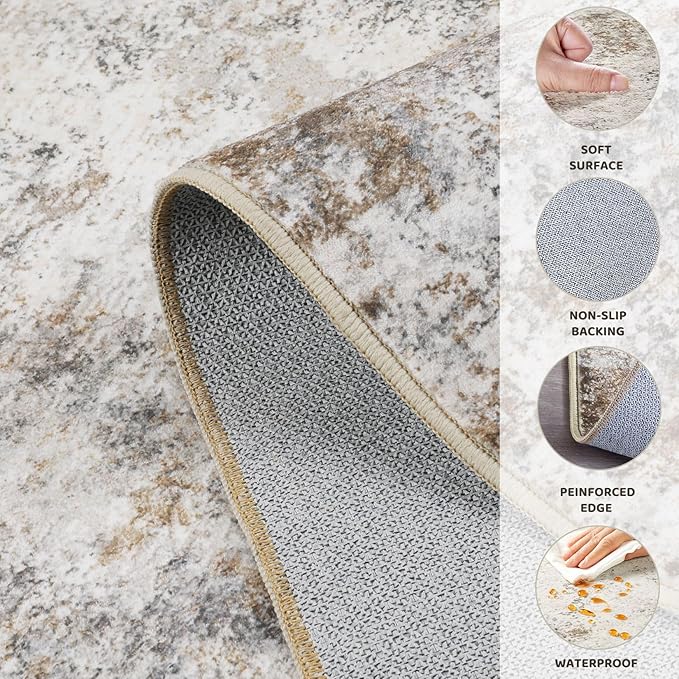 UERMEI 3x5 Area Rug Living Room Rugs - Washable Neutral Modern Abstract Soft Thin Rug Indoor Floor No Slip Rug Carpet for Bedroom Under Dining Table Home Office Decor - Brown Grey
