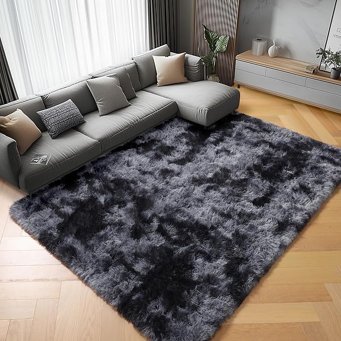 ONASAR Area Rugs for Bedroom Living Room, Fluffy Tie-Dyed Dark Grey 4x6 Indoor Bedside Floor Throw Rug, Soft Plush Shaggy Carpet for Nursery Kids Girls Boys Teen Dorm Home Office Decor