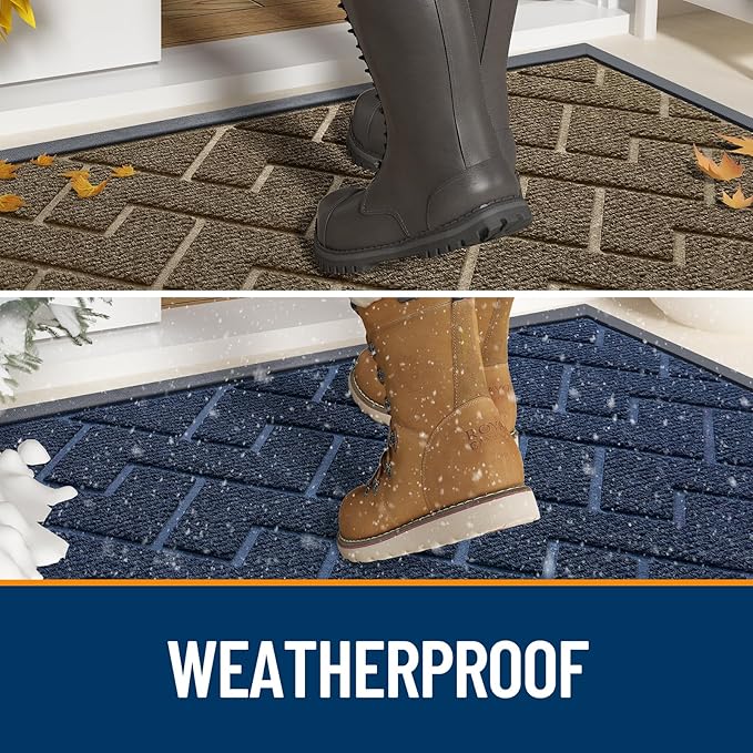 OLANLY Front Door Mat Indoor Outdoor Entrance, Waterproof All-Season, All-Weather Doormat, Sturdy Natural Rubber, Low Profile, Easy Clean Patio Porch Entryway Mat, Herringbone Brick (Blue, 59x23)