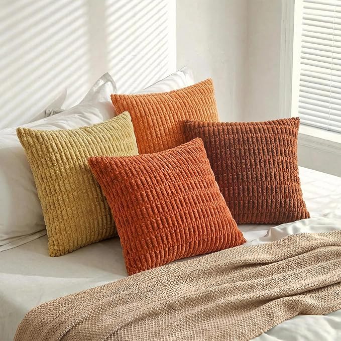 Fancy Homi Set of 4 Burnt Orange Fall Boho Decorative Throw Pillow Covers 22x22 Inch for Couch Bed Sofa, Aesthetic Modern Bohemian Room Decor, Soft Fuzzy Cozy Corduroy Textured Cushion Case 55x55cm