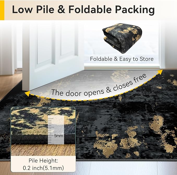 Washable Area Rugs 3x6 Non-Slip Modern Abstract Soft for Living Room Entryway Bedroom Nursery, Print Pattern, Dark Black Gold