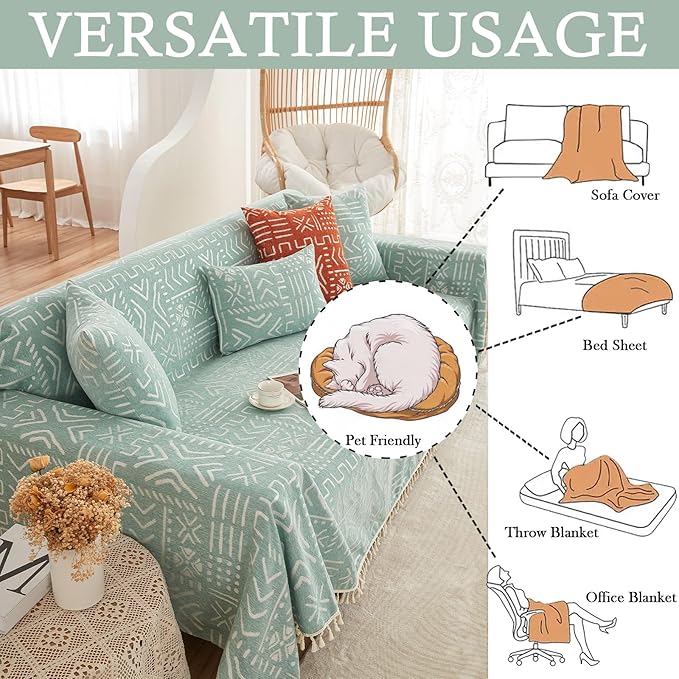 HANDONTIME Farmhouse Couch Cover Tassel Light Green Sofa Covers for Dogs Boho Décor Geometric Aztec Couch Cushion Cover Sofa Protector Cover Sectional Couch Covers for 3 Cushion Couch, 71" X150"