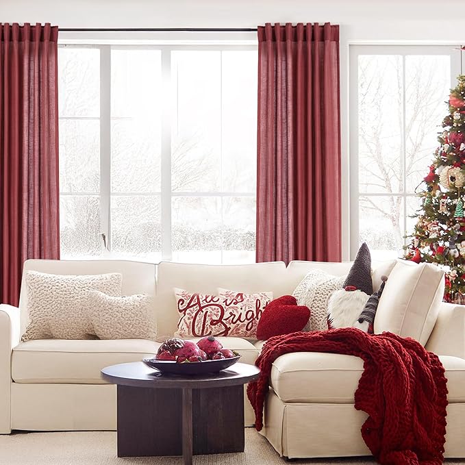 Burgundy Curtains for Living Room Back Tab Modern Farmhouse Semi Sheer Burgundy Curtains 120 inches Long 2 Panels Set Muted Neutral Window Curtain for Dining Room Bedroom 52x120