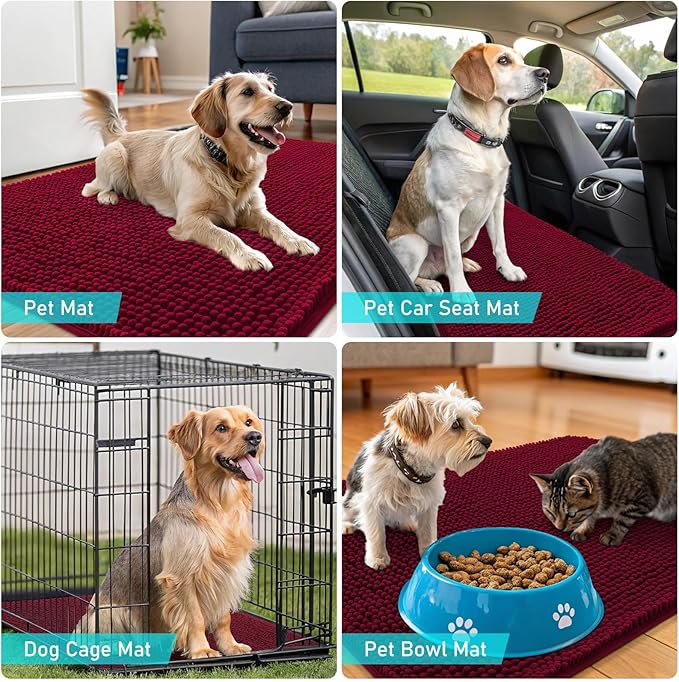 OLANLY Dog Door Mat for Muddy Paws 59x20, Absorbs Moisture and Dirt, Absorbent Non-Slip Washable Doormat, Quick Dry Chenille Mud Mat for Dogs, Entry Indoor Entryway Carpet for Inside Floor, Burgundy