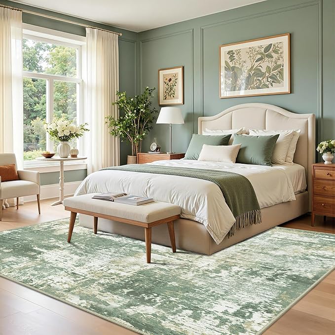 Washable Area Rugs 10'x14 Non-Slip Modern Abstract Soft for Living Room Entryway Bedroom Nursery, Print Pattern, Light Green/Yellow