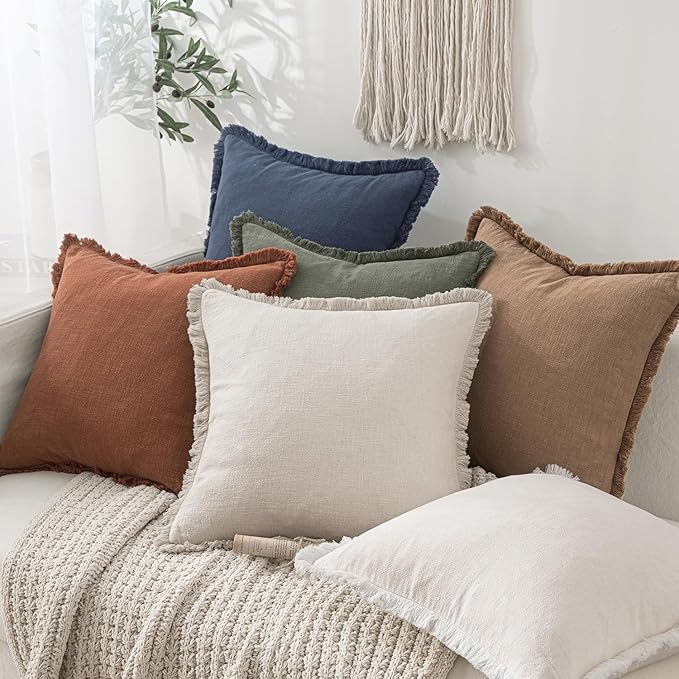 MIULEE Decorative Throw Pillow Covers Neutral Linen Fringe Throw Pillows Euro Shams Set of 2 Natural Beige Boho Farmhouse Cushion Covers for Couch Sofa Bed Living Room Spring Home Decor 24x24 Inch