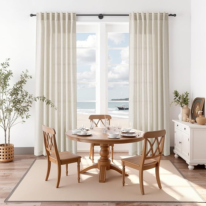 Nanspring Vanilla Linen Curtains 96 Inches Long for Living Room Modern Farmhouse Decor Luxury Light Filtering Semi Sheer Curtain Back Tab Coastal Drapes for Bedroom Office 52x96, 2 Panels
