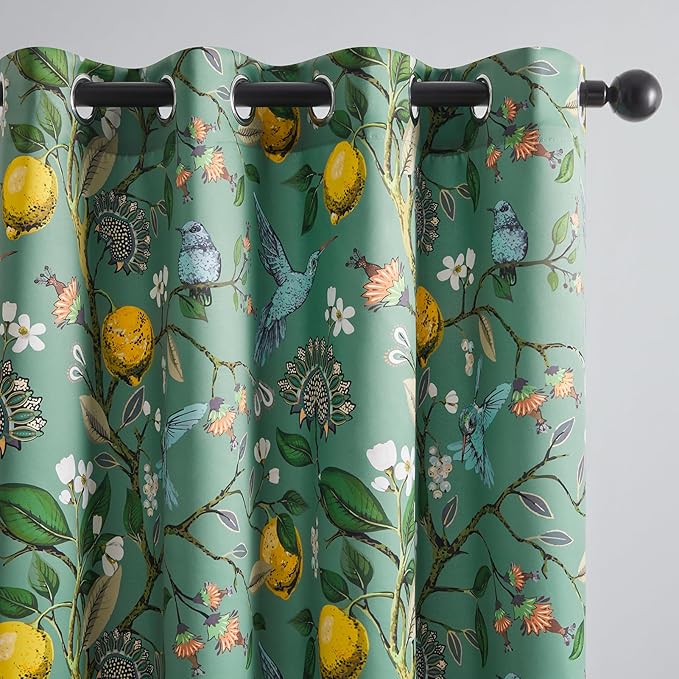 Topfinel 90 Inches Long Curtains,Whimsical Woodland Leaf Jungle Forest Flower Hummingbird Victorian Grommet Thick Sage Green Curtains Two Pages for Balcony Sliding Glass Office Bedroom Living Room