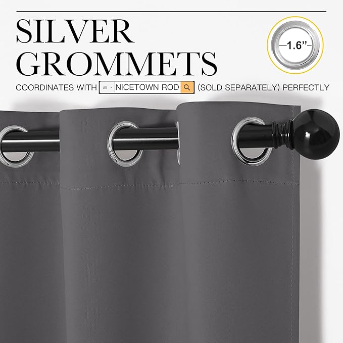 NICETOWN Grey Blackout Curtain Panels for Bedroom, 2 Panels, W29 x L30-inch, Thermal Insulated Grommet Top Blackout Draperies and Drapes for Basement