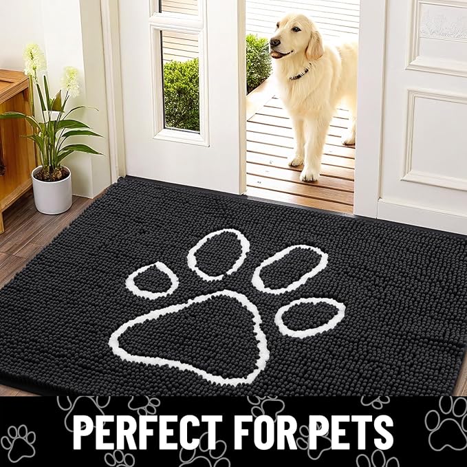 Smiry Dog Door Mat for Muddy Paws, Absorbent Dirt Trapper Non Slip Quick Dry Washable Chenille Mat for Mud Dogs, Entry Rug for Indoor and Outdoor (47x20 Inches, Black and White)