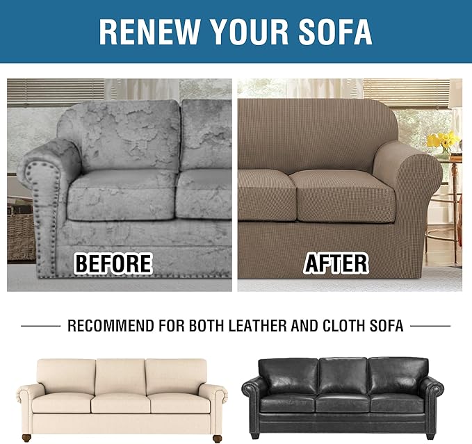 H.VERSAILTEX 4 Piece Stretch Sofa Covers for 3 Cushion Couch Covers for Living Room Furniture Slipcovers (Base Cover Plus 3 Seat Cushion Covers) Thicker Jacquard Fabric (Large Sofa, Macchiato)