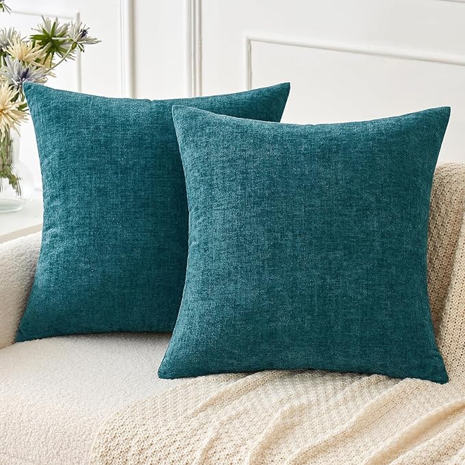 MIULEE Pack of 2 Dark Teal Throw Pillow Covers 18x18 Inch Soft Chenille Pillow Covers for Sofa Living Room Couch Solid Dyed Cases