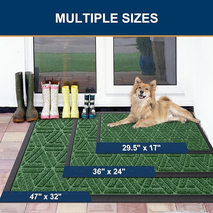 Smiry Front Door Mat Outside Entrance, Heavy Duty Sturdy Natural Rubber Doormat, Trap Dirt and Moisture, Easy Clean Low Profile Mats for Indoor Outdoor Entry, Grid Geometric (47x32, Green)
