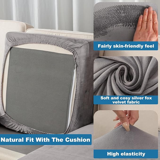 Couch Cover Stretch Velvet Sofa Cushion Cover 2-Piece - Elastic Washable Slipcover for Seat or Backrest, Couch Seat Covers for Sofas (Grey)