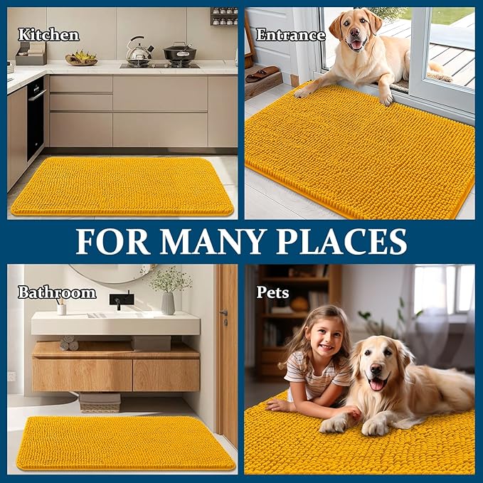 OLANLY Dog Door Mat for Muddy Paws 54x32, Absorbs Moisture and Dirt, Absorbent Non-Slip Washable Doormat, Quick Dry Chenille Mud Mat, Entry Indoor Entryway Carpet for Inside Floor, Golden Yellow