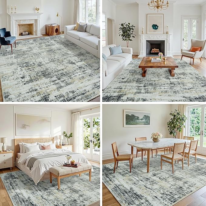 6x9 Area Rugs for Living Room Washable Rug: Anti-Skid Abstract Modern Living Room Rug Soft Thin Carpets Indoor Floor Non-Shedding Carpet for Bedroom Dining Farmhouse Nursery Black Gray Gold