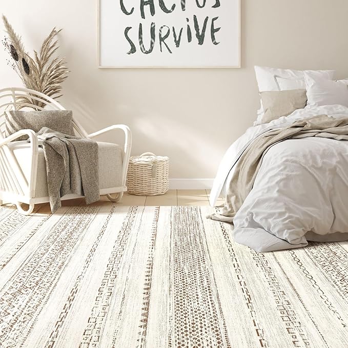 Nakagishi 7x10 Area Rug Living Room: Washable Boho Large Neutral Modern Soft Farmhouse Rugs Stain Resistant Indoor Floor Non-Slip Carpet for Bedroom Nursery Kids Playroom Office Dining Room- Brown