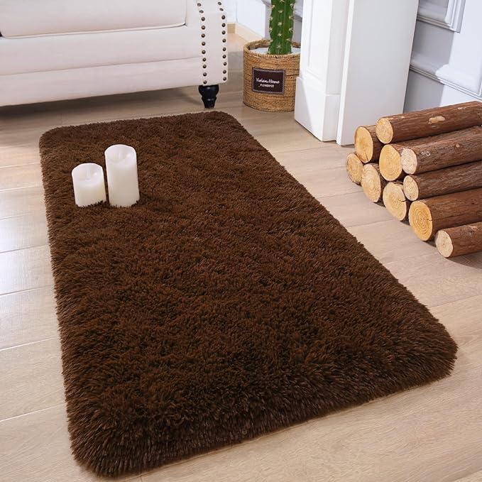 Chicrug Soft Runner Rug for Bedroom Living Room Plush Fluffy Rugs 2x4 Feet, Shag Furry Runner Carpet Non Shedding for Nursery Children Kids Girls Room Home Decorative, Coffee
